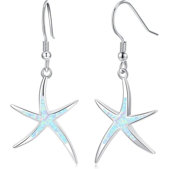 925 Sterling Silver Nautical Hawaiian Sea Beach Starfish Opal Fish Hoops Earings - Picture 1 of 8